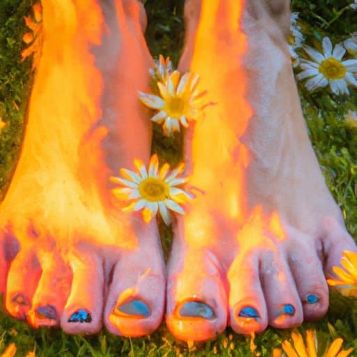 Artistic rendering of bare feet with daisy flowers.
